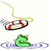 A green money symbol sinks into a pool of water while a life preserver floats through the air to save it